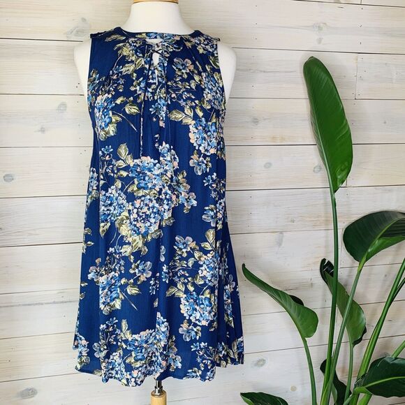 Blue Floral Sleeveless Short Shift Dress With Lace-up Neckline Size Small - Picture 1 of 8